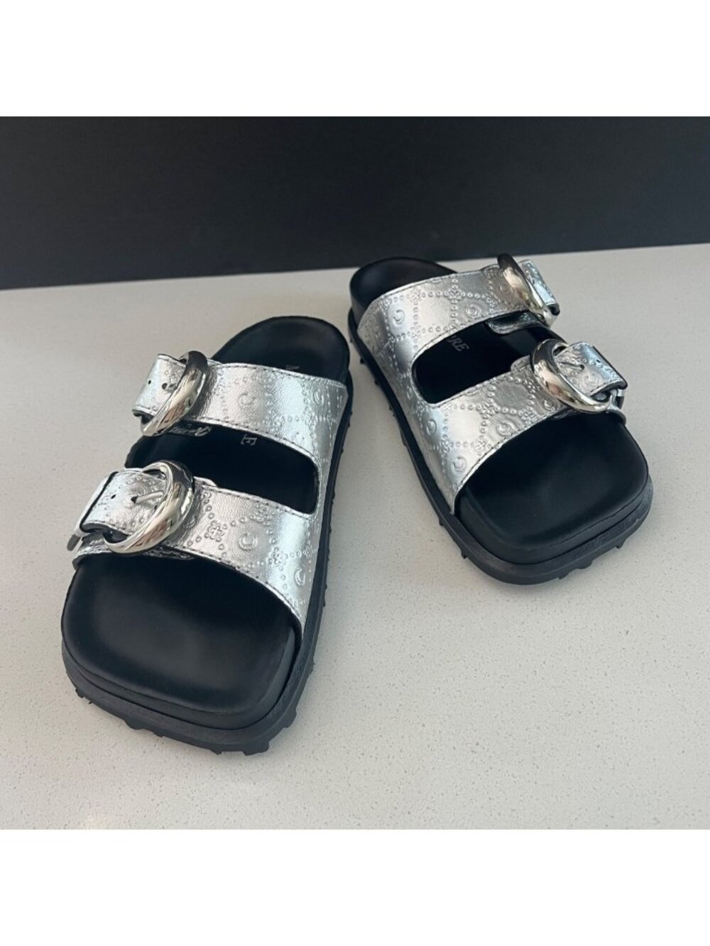 MARINE SERRE Ground Laminated Leather Slides - Silver flats shoes size 38